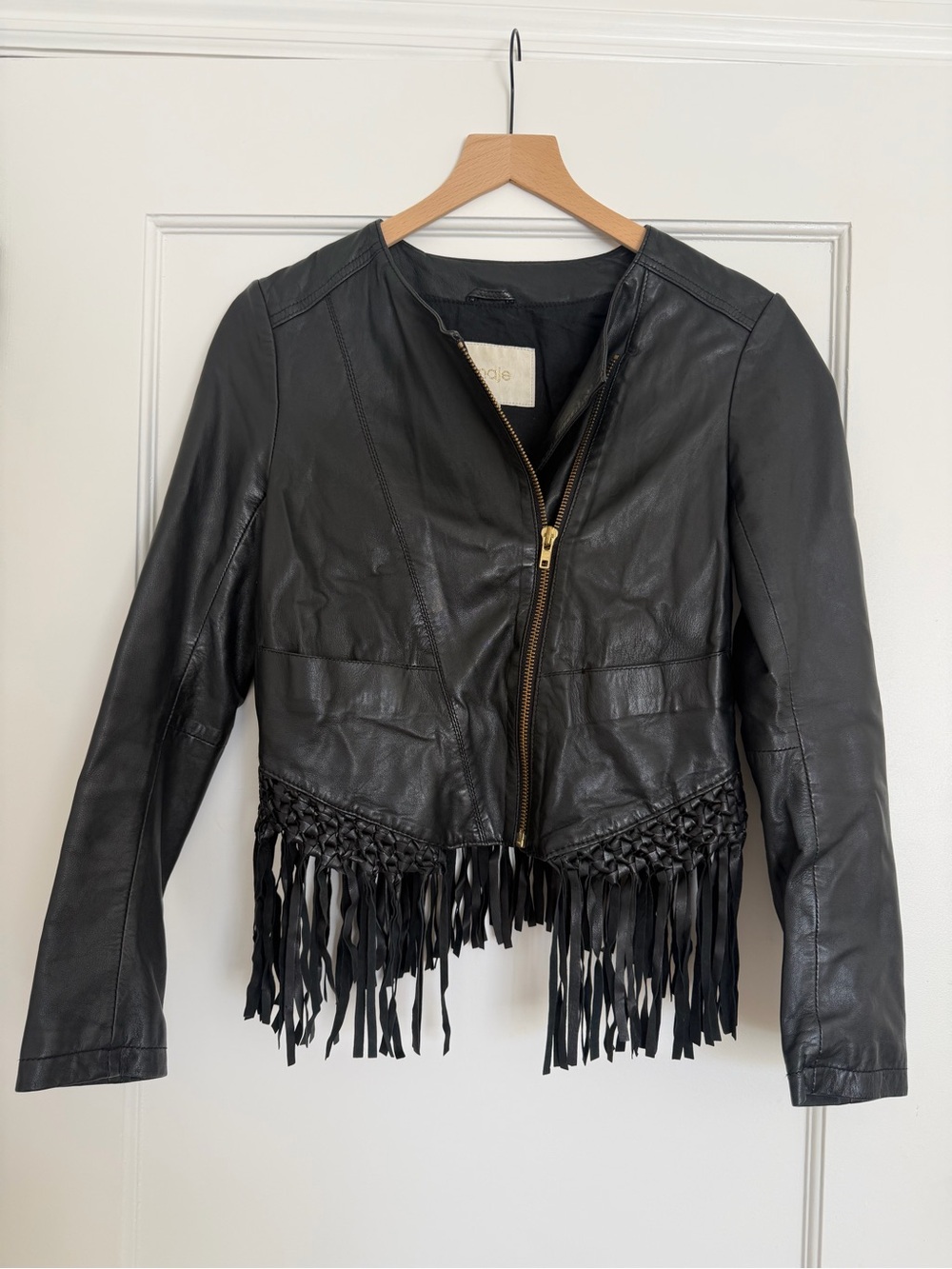 Maje Black Leather Fringe Hem Jacket